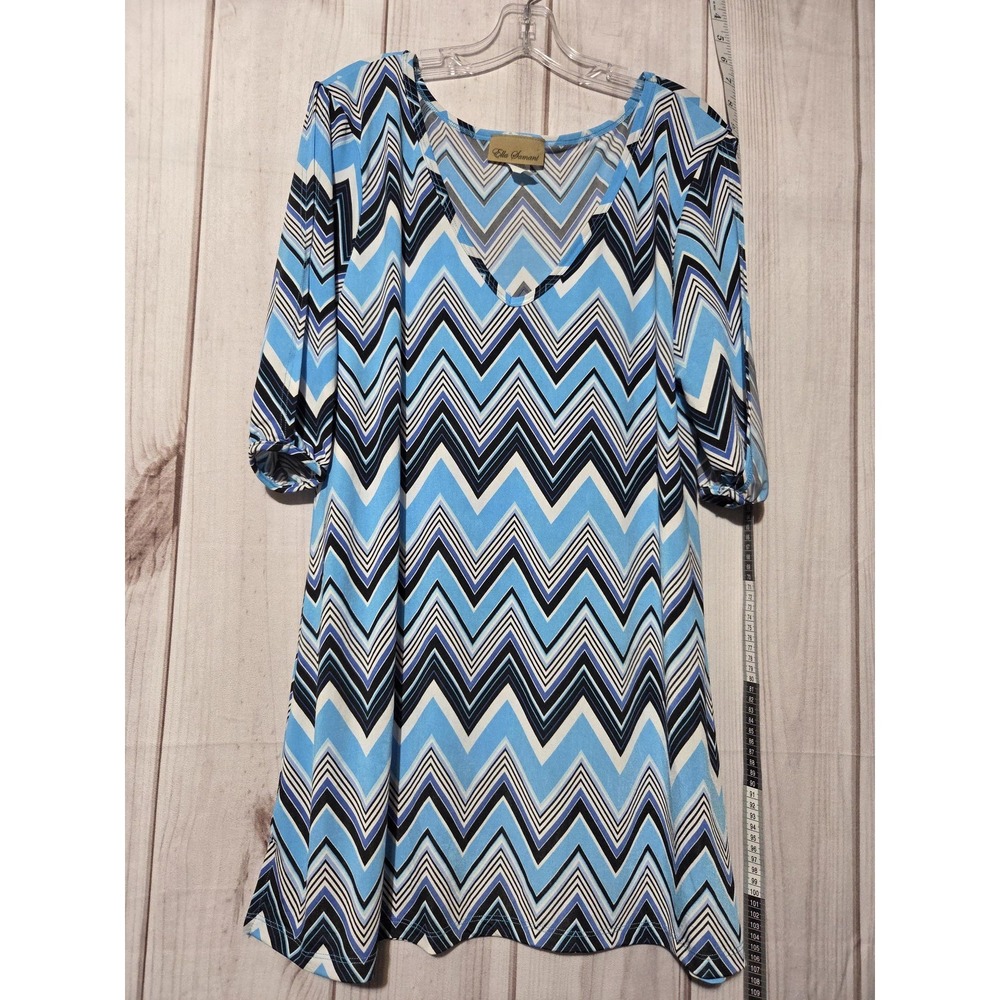 Ella Samani Womens 1X‎ Blue Chevron Zigzag V-Neck 3/4 Sleeve Tunic Dress D4010